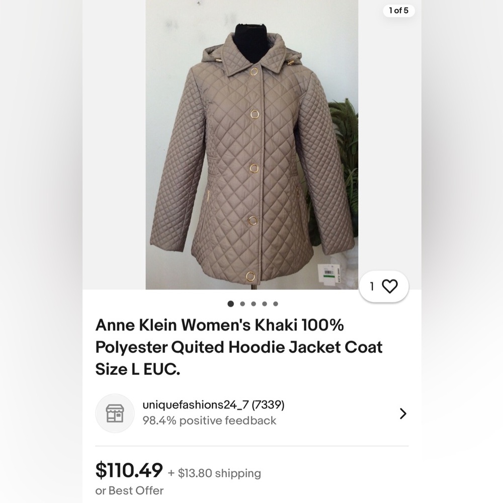 Anne Klein Women's Khaki 100% Polyester Quited Hoodie Jacket Coat Size S… - Picture 17 of 17